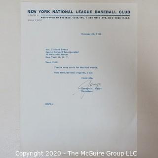 1961 Signed Thank You Note from George Weiss, NY Mets, to Clifford Evans, New York Metropolitans National League Baseball Club Letterhead. Sports Baseball Memorabilia