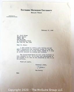 1959 Signed Thank You Note from Tom Koenig, Southern Methodist University (SMU) Football Coach, to Clifford Evans on SMU Letterhead.  Sports Football Memorabilia 