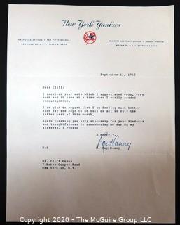 1962 Signed Thank You Note from Roy Hamey to Clifford Evans on New York Yankees Letterhead. Sports Baseball Memorabilia