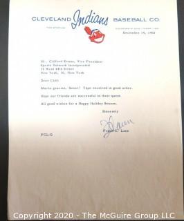 1960 Signed Thank You Note from Frank Lane to Clifford Evans on Cleveland Indians Letterhead. Sports Baseball Memorabilia