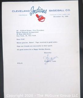 1960 Signed Thank You Note from Frank Lane to Clifford Evans on Cleveland Indians Letterhead. Sports Baseball Memorabilia