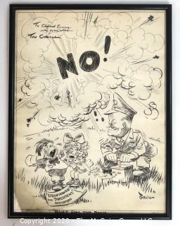 Framed Original Mockup of Later Printed Political Cartoon - Ike Says NO to Presidential Run, 1951 for the Des Moines Register. Measures approximately 20" x 15". Signed original art by the artist and dedicated to Clifford Evans. (from the personal collection of Clifford Evans, journalist)