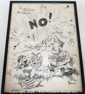 Framed Original Mockup of Later Printed Political Cartoon - Ike Says NO to Presidential Run, 1951 for the Des Moines Register. Measures approximately 20" x 15". Signed original art by the artist and dedicated to Clifford Evans. (from the personal collection of Clifford Evans, journalist)