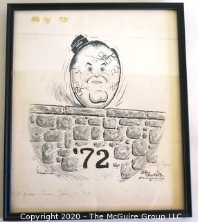 Framed Original Mockup of Later Printed Political Cartoon - Hubert Humphrey by Gib Crocket 1972 for The Washington Star. Measures approximately 18" x 15". (from the personal collection of Clifford Evans, journalist)