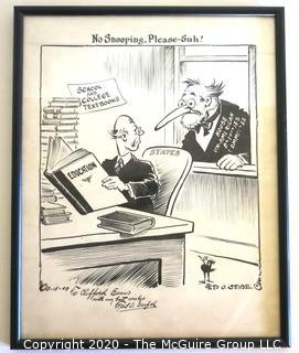 Framed Original Mockup of Later Printed Political Cartoon - HUAC School Books by Fred Seibel 1949 for Richmond Times Dispatch. Signed by the artist to Clifford Evans.  Measures approximately 19" x 15". (from the personal collection of Clifford Evans, journalist)