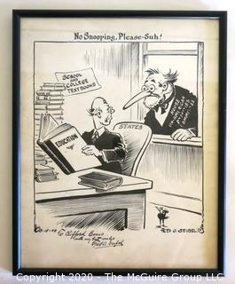 Framed Original Mockup of Later Printed Political Cartoon - HUAC School Books by Fred Seibel 1949 for Richmond Times Dispatch. Signed by the artist to Clifford Evans.  Measures approximately 19" x 15". (from the personal collection of Clifford Evans, journalist)