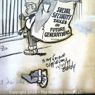 Framed Vintage Political Cartoon - Social Security Taxes possibly by Jesse "Baldy" Benton, 1977. Signed by the artist "To my friend, Cliff Evans". Measures approximately 20" x 14". (from the personal collection of Clifford Evans, journalist)