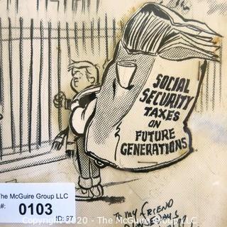 Framed Vintage Political Cartoon - Social Security Taxes possibly by Jesse "Baldy" Benton, 1977. Signed by the artist "To my friend, Cliff Evans". Measures approximately 20" x 14". (from the personal collection of Clifford Evans, journalist)