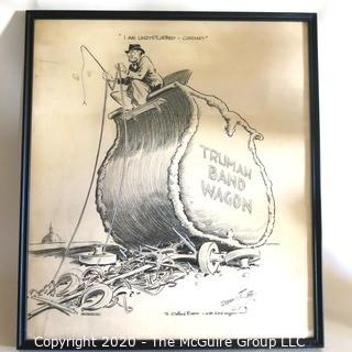 Framed Original Mockup of Later Printed Political Cartoon - Truman Bandwagon by Dorman H. Smith, 1949 for NEA Services. Measures approximately 22" x 20". Signed original art by the artist and dedicated to Clifford Evans. (from the personal collection of Clifford Evans, journalist)