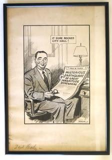 Framed Original Mockup of Later Printed Political Cartoon - Mayor O'Dwyer by Fred Packer for the NY Daily Mirror. Measures approximately 23" x 16". (from the personal collection of Clifford Evans, journalist)