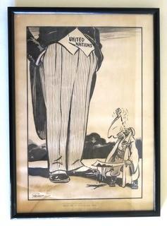 Framed Original Mockup of Later Printed Political Cartoon - Hands Out of Pocket - United Nations signed by Fred Packer, undated. Measures approximately 13" x 18" (from the personal collection of Clifford Evans, journalist)