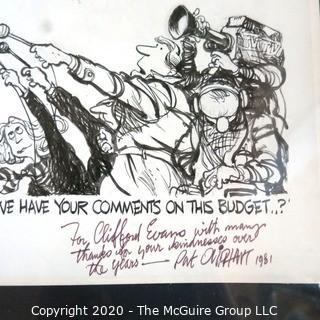 Framed Original Mockup of Later Printed Political Cartoon - Democrat Budget Problems signed by Pat Oliphant for the Washington Star, 1981.  Measures approximately 24" x 24". (from the personal collection of Clifford Evans, journalist)