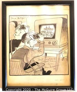 Framed Original Mock up of Later Printed Political Cartoon - Horse Racing on TV signed by Dave Breger for King Features, 1950. Measures approximately 9" x 11" (from the personal collection of Clifford Evans, journalist)  