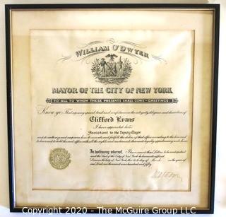 Framed Certificate From New York City Mayor William O'Dwyer to Clifford Evans Making Him Assistant to the Deputy Mayor for the City of New York, 1950.  Measures approximately 19" x 19". 