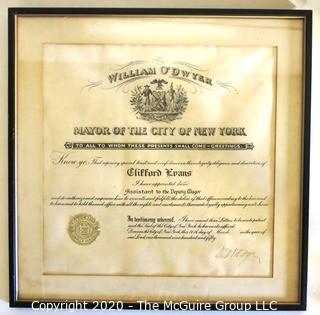 Framed Certificate From New York City Mayor William O'Dwyer to Clifford Evans Making Him Assistant to the Deputy Mayor for the City of New York, 1950.  Measures approximately 19" x 19". 