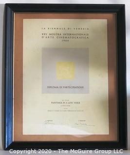 1964 Framed Certificate of Diploma in the Venice Biennale Film Festival.  Measures 18" x 22"