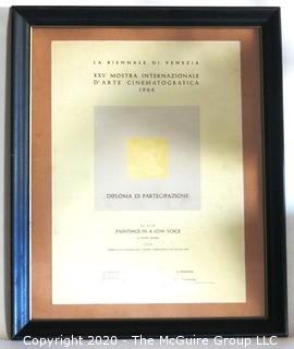 1964 Framed Certificate of Diploma in the Venice Biennale Film Festival.  Measures 18" x 22"