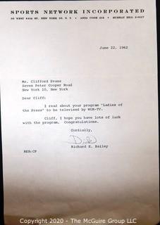 1962 Signed Congratulations Note from Richard Bailey to Clifford Evans on Sports Network Incorporated Letterhead for the Television Show "Ladies of the Press.".  Sports Baseball Memorabilia 