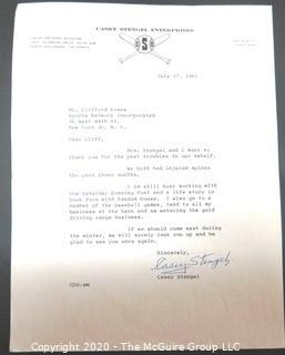 1961 Signed Thank You Note from Casey Stengel to Clifford Evans on Casey Stengel Enterprises Letterhead.  Sports Baseball Memorabilia 