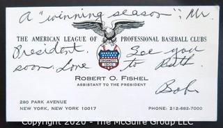 Robert Fishel Business Card, American League of Professional Baseball Clubs; with note 