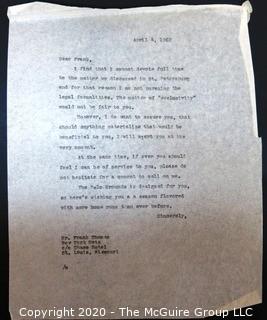 1962 Letter from Clifford Evans to Frank Thomas of the New York Mets. declining job offer, 1962.  Sports Baseball Memorabilia 