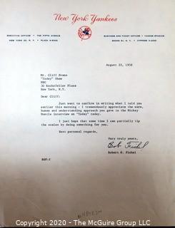 1958 Signed Thank You Note from Bob Fishel  to Clifford Evans on New York Yankees Letterhead. Sports Baseball Memorabilia