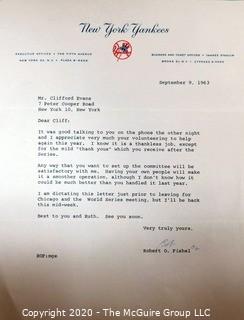 1963 Signed Note from Bob Fishel to Clifford Evans on New York Yankees Letterhead. Sports Baseball Memorabilia