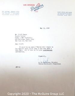 1958 Signed Confidential Note from Arthur Patterson to Clifford Evans, Sports Editor, The TODAY SHOW, NBC, on Los Angeles Dodgers Letterhead. Sports Baseball Memorabilia