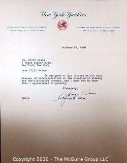 1960 Signed Thank You Note from George Weiss to Clifford Evans on New York Yankees Letterhead. Sports Baseball Memorabilia