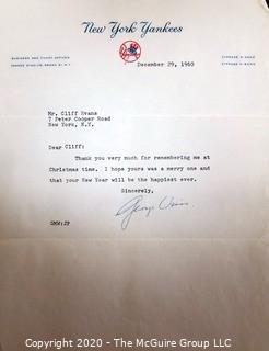 1960 Signed Thank You Note from George Weiss to Clifford Evans on New York Yankees Letterhead. Sports Baseball Memorabilia