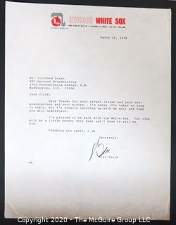 1976 Signed Thank You Note from Bill Veeck to Clifford Evans on Chicago White Sox Letterhead. Sports Baseball Memorabilia