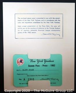 1962 New York Yankees Season Pass Press Card with Folder. Signed by Daniel Topping, part owner and president of the NY Yankees. 