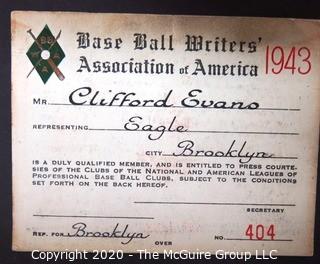 1943 Baseball Writer's Association of America, Brooklyn Eagle Newspaper Press Representative for both American and National Leagues, made out to Clifford Evans. 