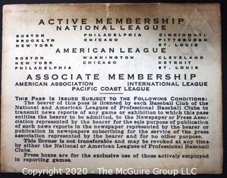 1943 Baseball Writer's Association of America, Brooklyn Eagle Newspaper Press Representative for both American and National Leagues, made out to Clifford Evans. 