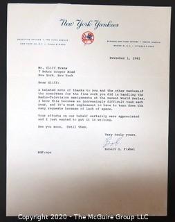 1961 Signed Thank You Note from Bob Fishel to Clifford Evans on New York Yankees Letterhead. Sports Baseball Memorabilia