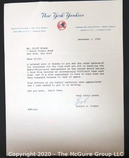 1961 Signed Thank You Note from Bob Fishel to Clifford Evans on New York Yankees Letterhead. Sports Baseball Memorabilia