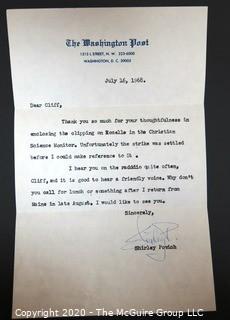 1968 Signed Thank You Note from Shirley Povich to Clifford Evans on Washington Post Letterhead. Sports Baseball Memorabilia