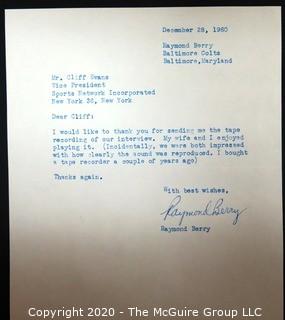 1960 Signed Thank You Note from Raymond Berry, Baltimore Colts, to Clifford Evans. Sports Football Memorabilia