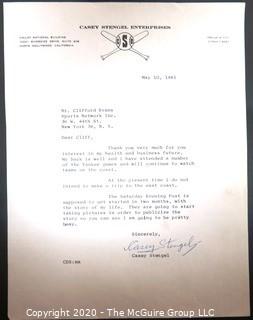 1961 Signed Thank You Note from Casey Stengel to Clifford Evans on Casey Stengel Enterprises Letterhead. Sports Baseball Memorabilia