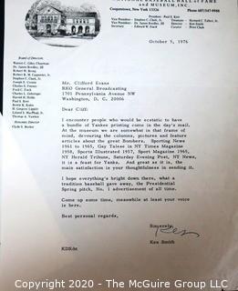 1976 Signed Correspondence from Ken Smith to Clifford Evans on National Baseball Hall of Fame Letterhead. Sports Baseball Memorabilia