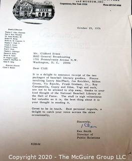 1976 Signed Correspondence from Ken Smith to Clifford Evans on National Baseball Hall of Fame Letterhead. Sports Baseball Memorabilia