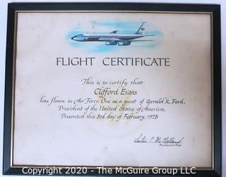 Framed 1975 Flight Certificate, Verifies that Clifford Evans Flew on Air Force One.