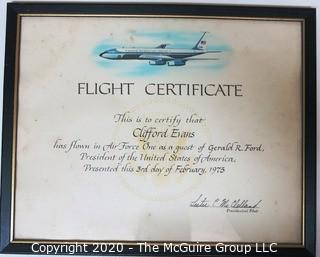 Framed 1975 Flight Certificate, Verifies that Clifford Evans Flew on Air Force One.