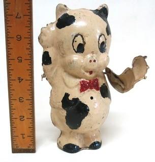 Antique Wind Up Metal Tin Porky Pig Toy