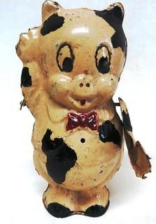 Antique Wind Up Metal Tin Porky Pig Toy