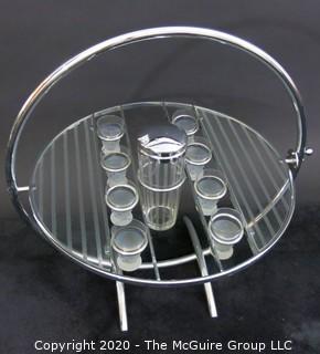 Chrome and Etched Glass Art Deco Tilt-Top Gyro Bar; with glass inserts and shaker. 
Furniture. Vintage. 21"Diameter (24.5 with handle) x 13"T