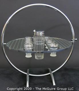 Chrome and Etched Glass Art Deco Tilt-Top Gyro Bar; with glass inserts and shaker. 
Furniture. Vintage. 21"Diameter (24.5 with handle) x 13"T