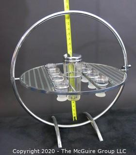 Chrome and Etched Glass Art Deco Tilt-Top Gyro Bar; with glass inserts and shaker. 
Furniture. Vintage. 21"Diameter (24.5 with handle) x 13"T