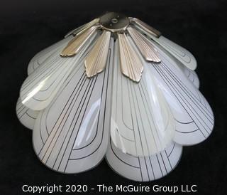 Art Deco Style Petal Form Etched Glass and Chrome ceiling hung lamp shade.  Includes spare petal not shown. 22.5" Wide. Lighting