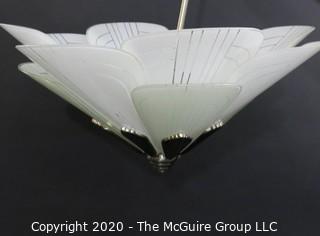 Art Deco Style Petal Form Etched Glass and Chrome ceiling hung lamp shade.  Includes spare petal not shown. 22.5" Wide. Lighting